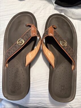 Michael Kors Brown and Tan Logo Flip-Flop Sandals